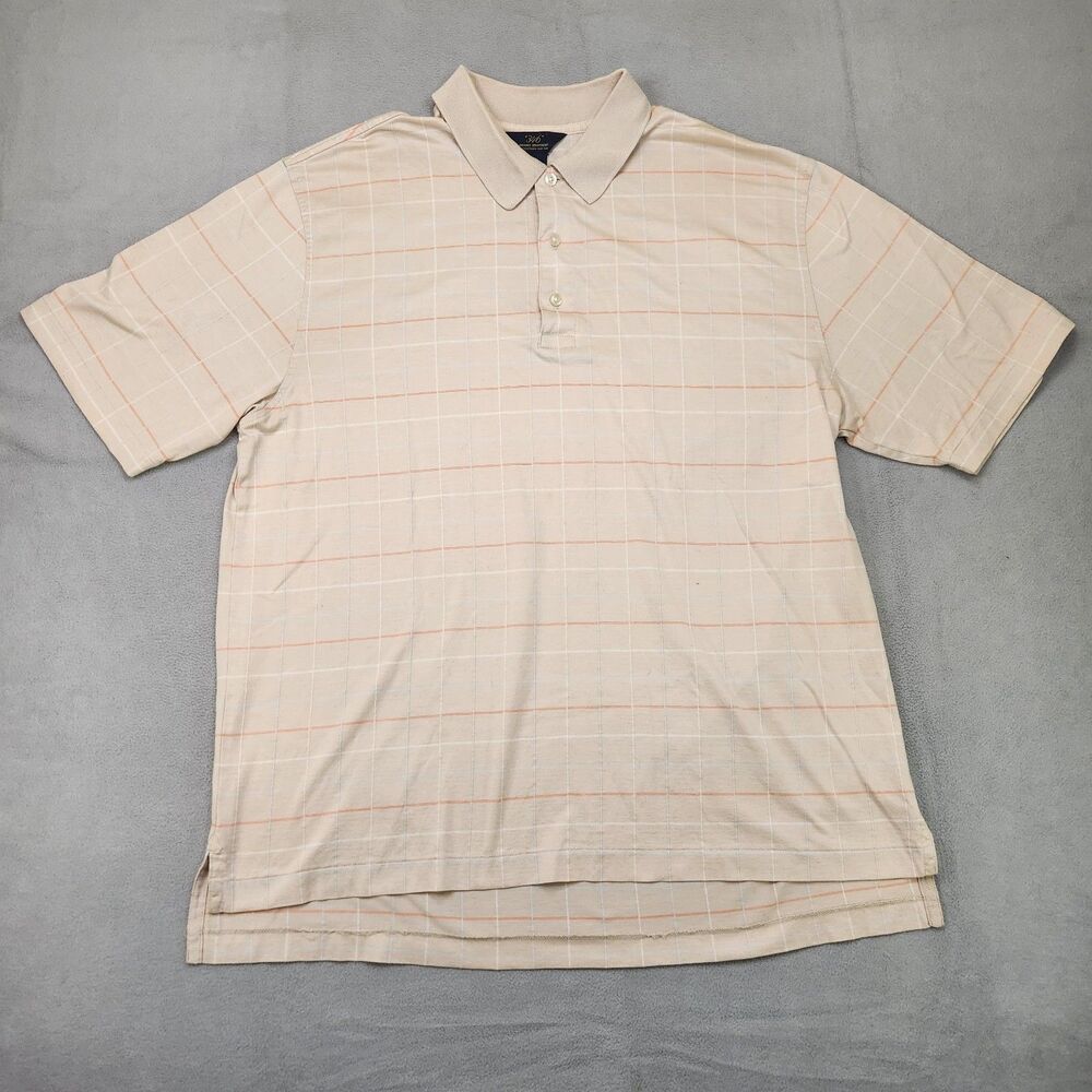 Brooks Brothers 346 Polo Shirt Mens L Beige Windowpane Plaid Short Sleeve Cotton